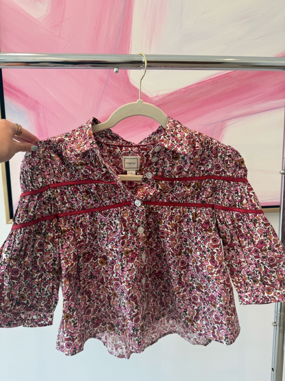 Maeve Pink Floral Puff Sleeve Blouse with Burgundy Trim, size xs